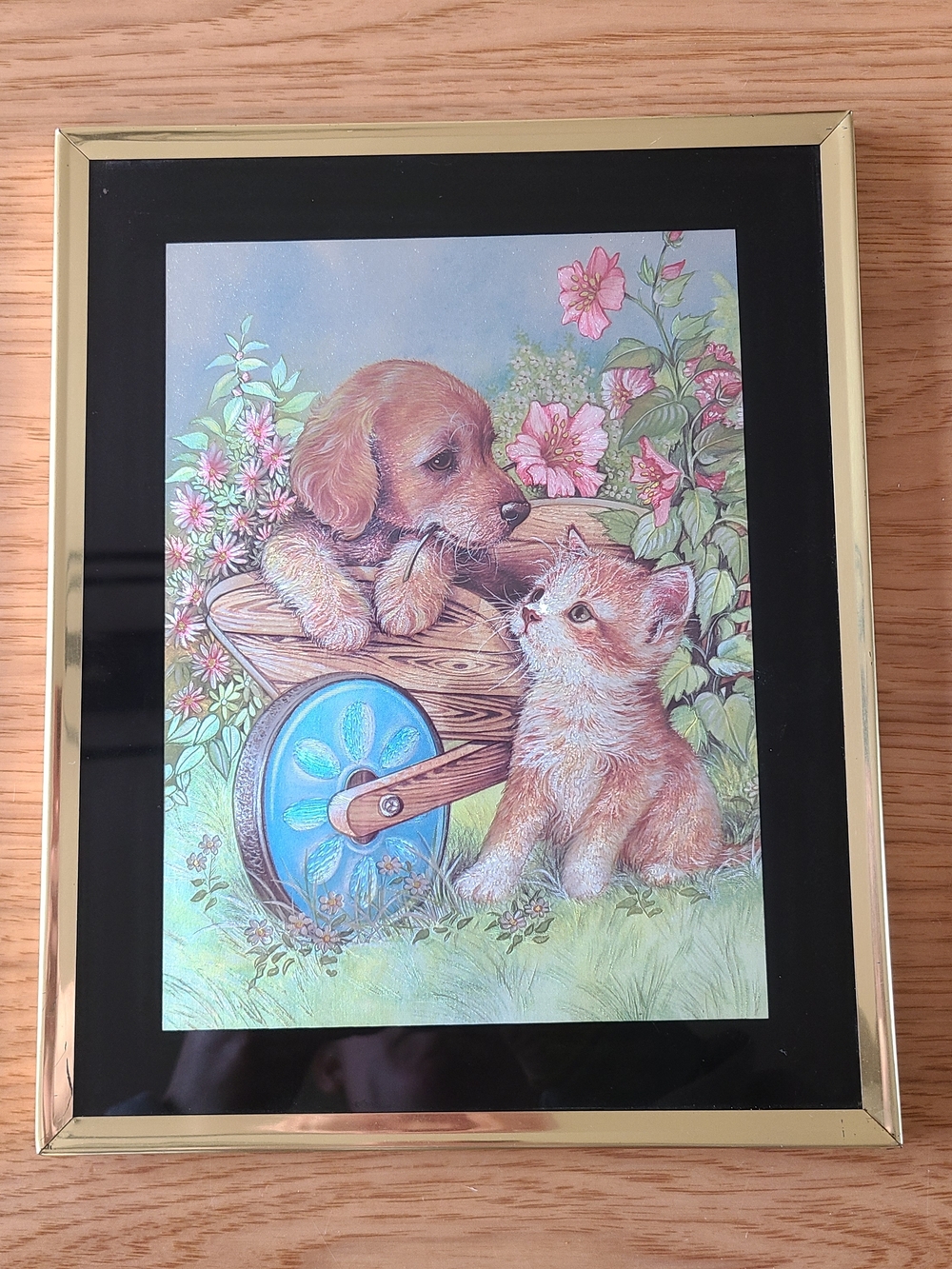 Vintage metallic foil art Framed Cute Puppy and Kitten 8 x 10